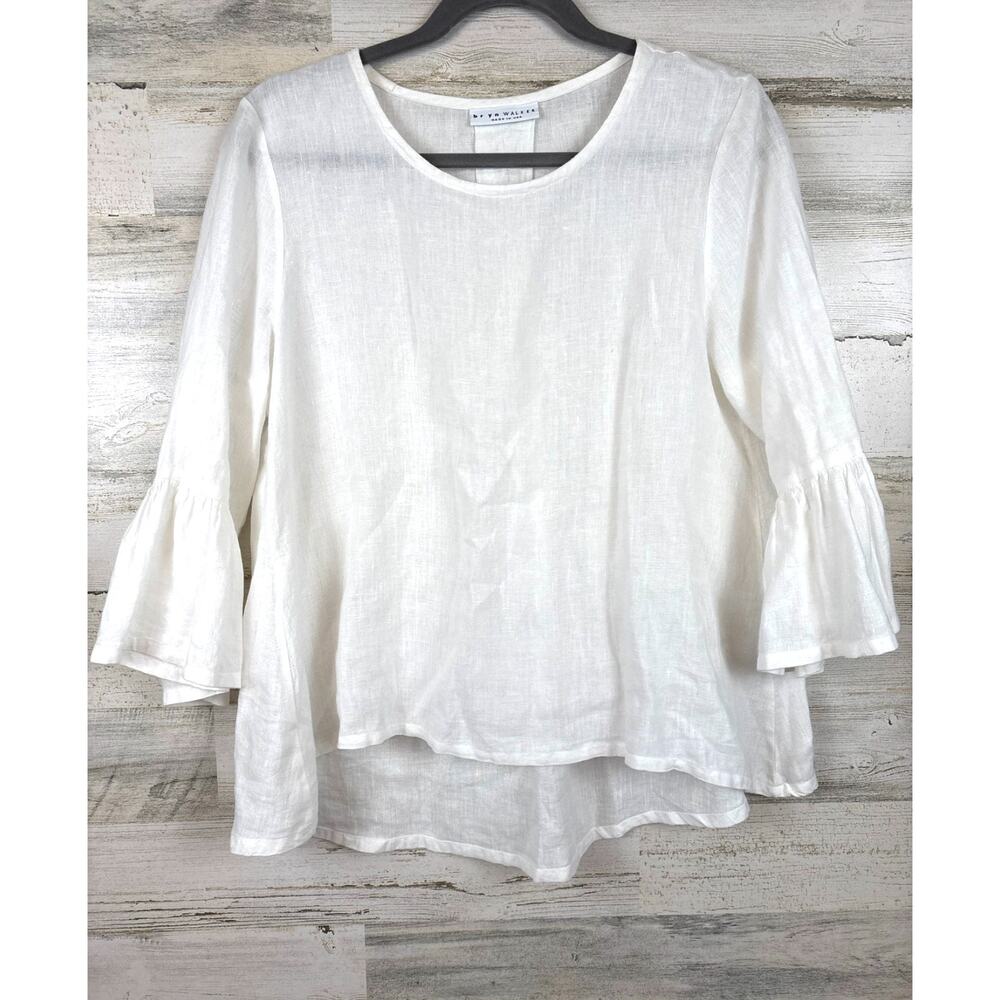 Bryn Walker Womens L White Linen Fran Blouse 3/4 Sleeve High Low Luxury Top